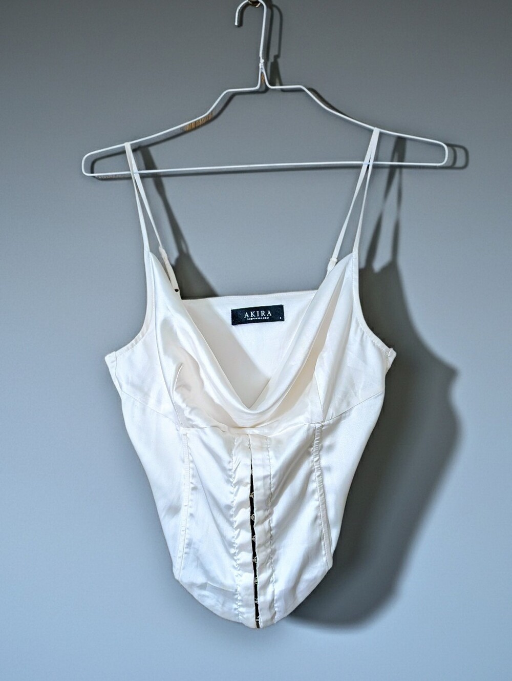 AKIRA White‎ Satin Cowl Neck Corset-Style Cami